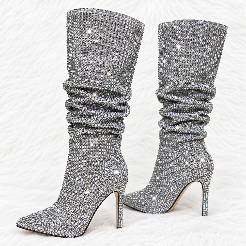 NIB Envy Pewter Gray Rhinestone High Heel Stiletto Slouch Below Knee Boots_2